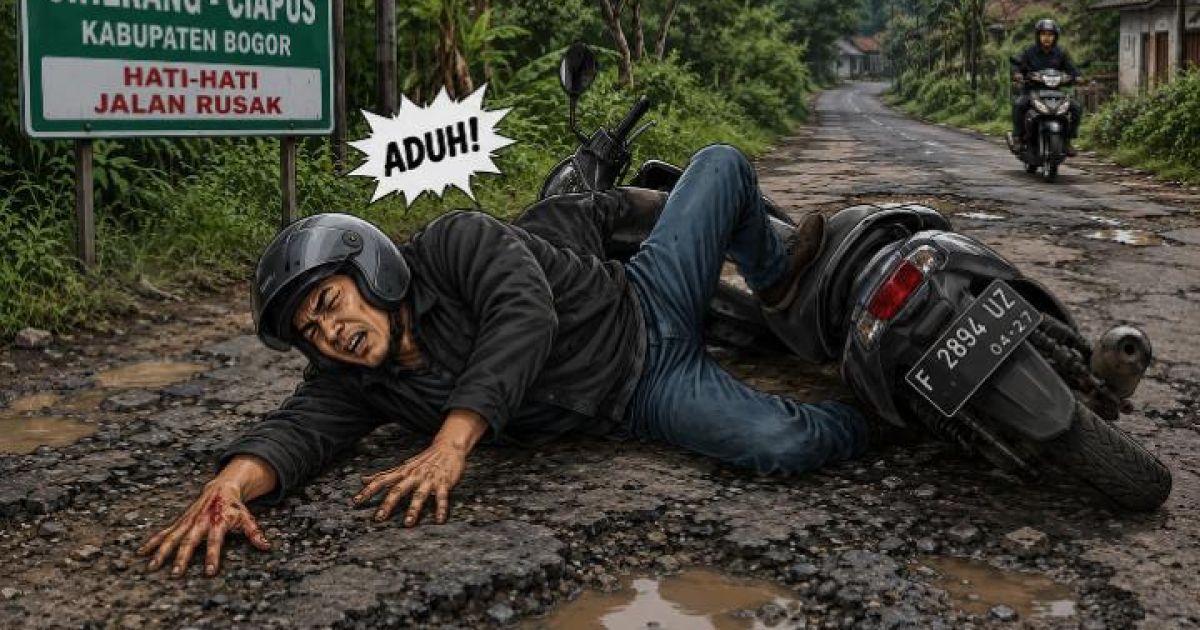 Dampak Jalan Rusak, Pengendara Motor Alami Kecelakaan di Jalan Raya Ciherang-Ciapus: Warga Desak Perbaikan Segera!